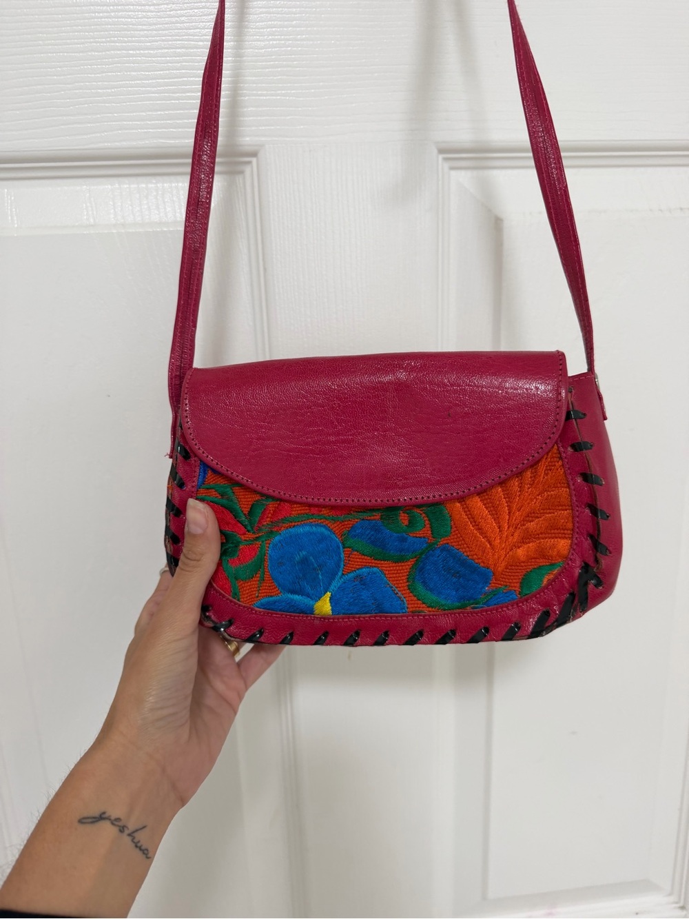 Vintage Mexican Embroidered Leather Crossbody Bag Pink Floral Boho Folk Art